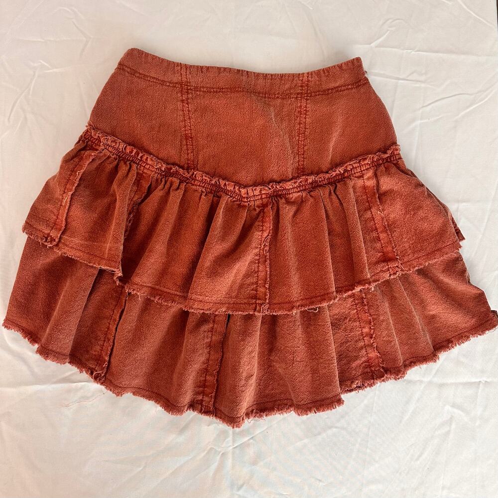 Free People Size 4 Rust Tiered Ruffle Mini Skirt Raw Hem Boho Festival